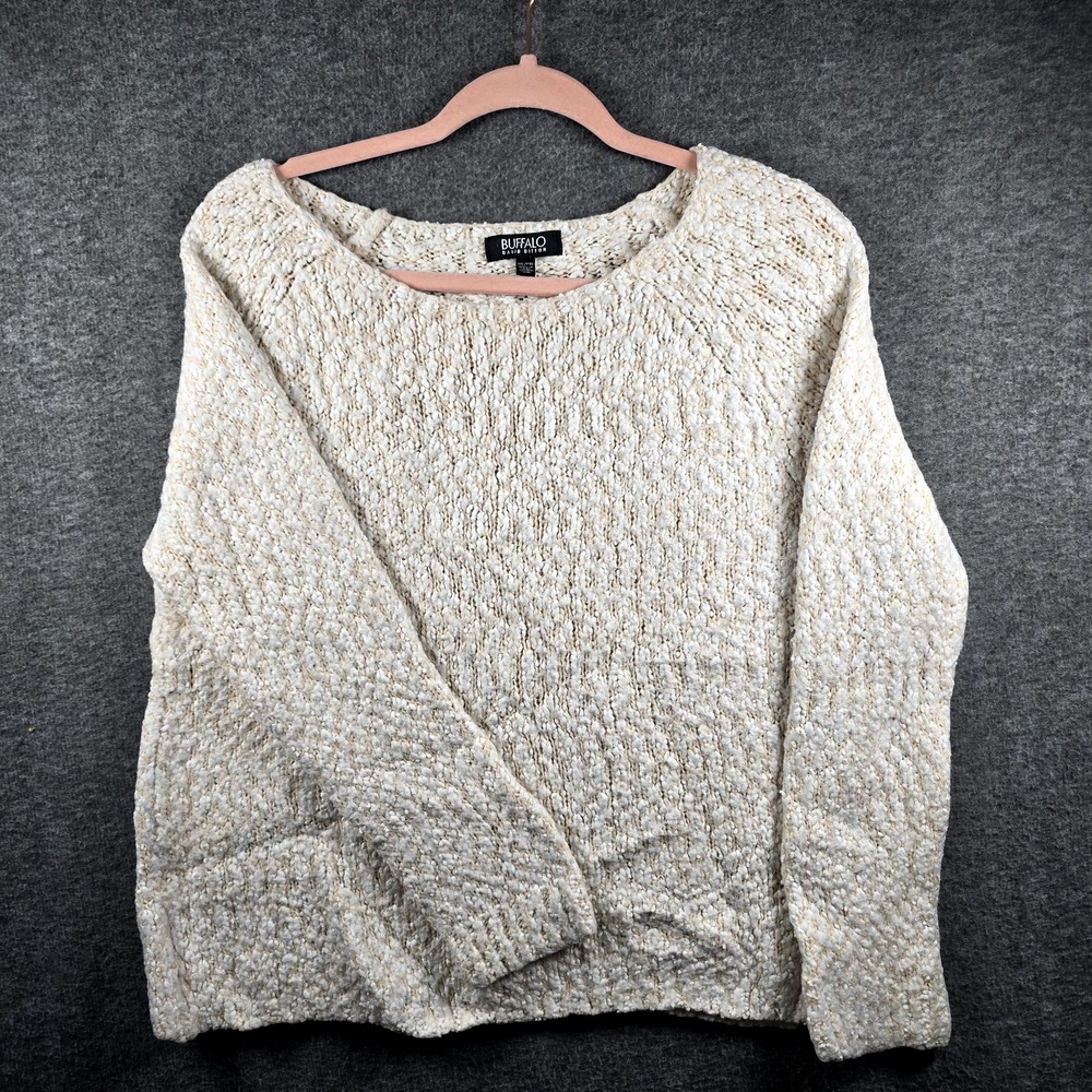 Buffalo David Bitton‎ Sweater Women XXL Knit Fuzzy White Grey Textured Pullover
